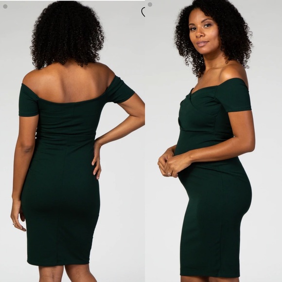 PinkBlush Forest Green Sweetheart Neckline Off Shoulder Maternity Fitted Dress - Picture 2 of 12
